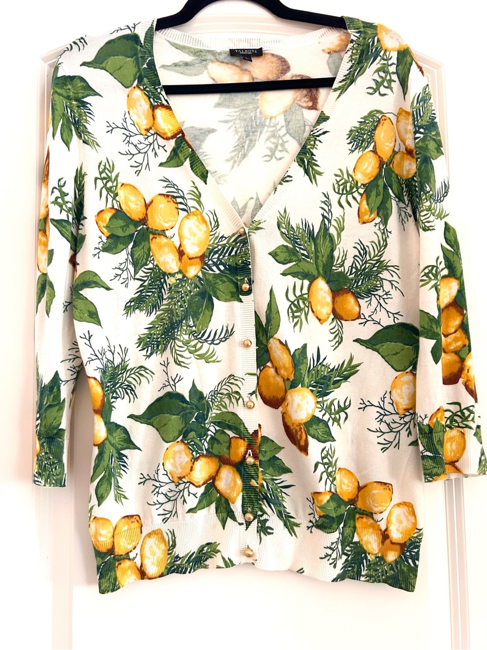 Talbots Lemon Greenery Botanical 3/4 Sleeve cardigan. Gold Buttons. Old Money. L